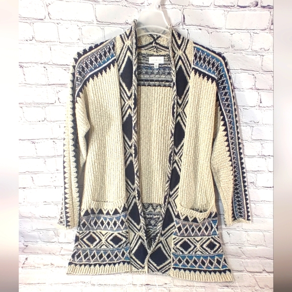 Lucky Brand Tribal Third Piece Cardigan M Open Knit Pockets Native Sweater - Picture 1 of 13